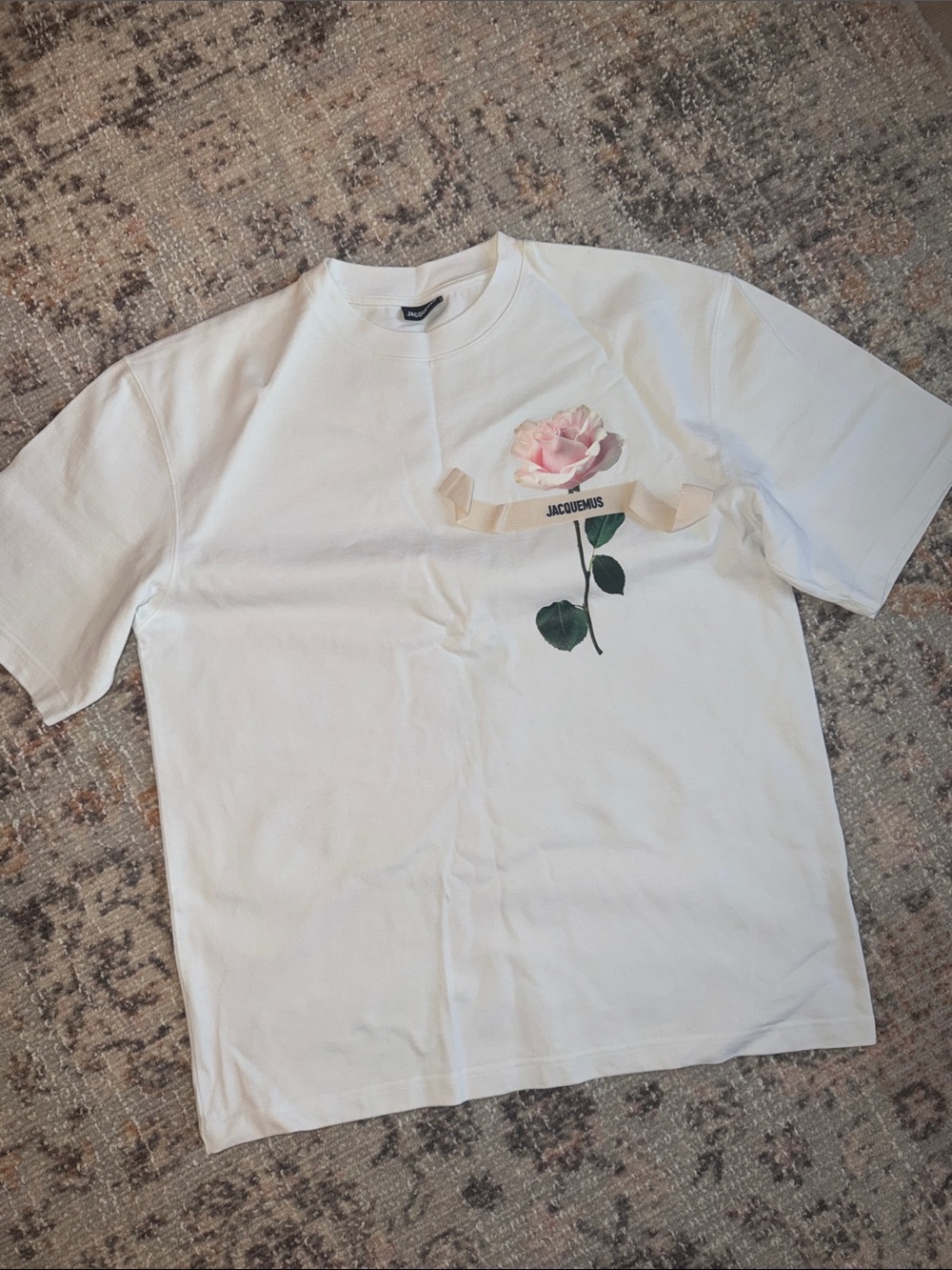 Jacquemus White Tee with Pink Rose and Ribbon Motif